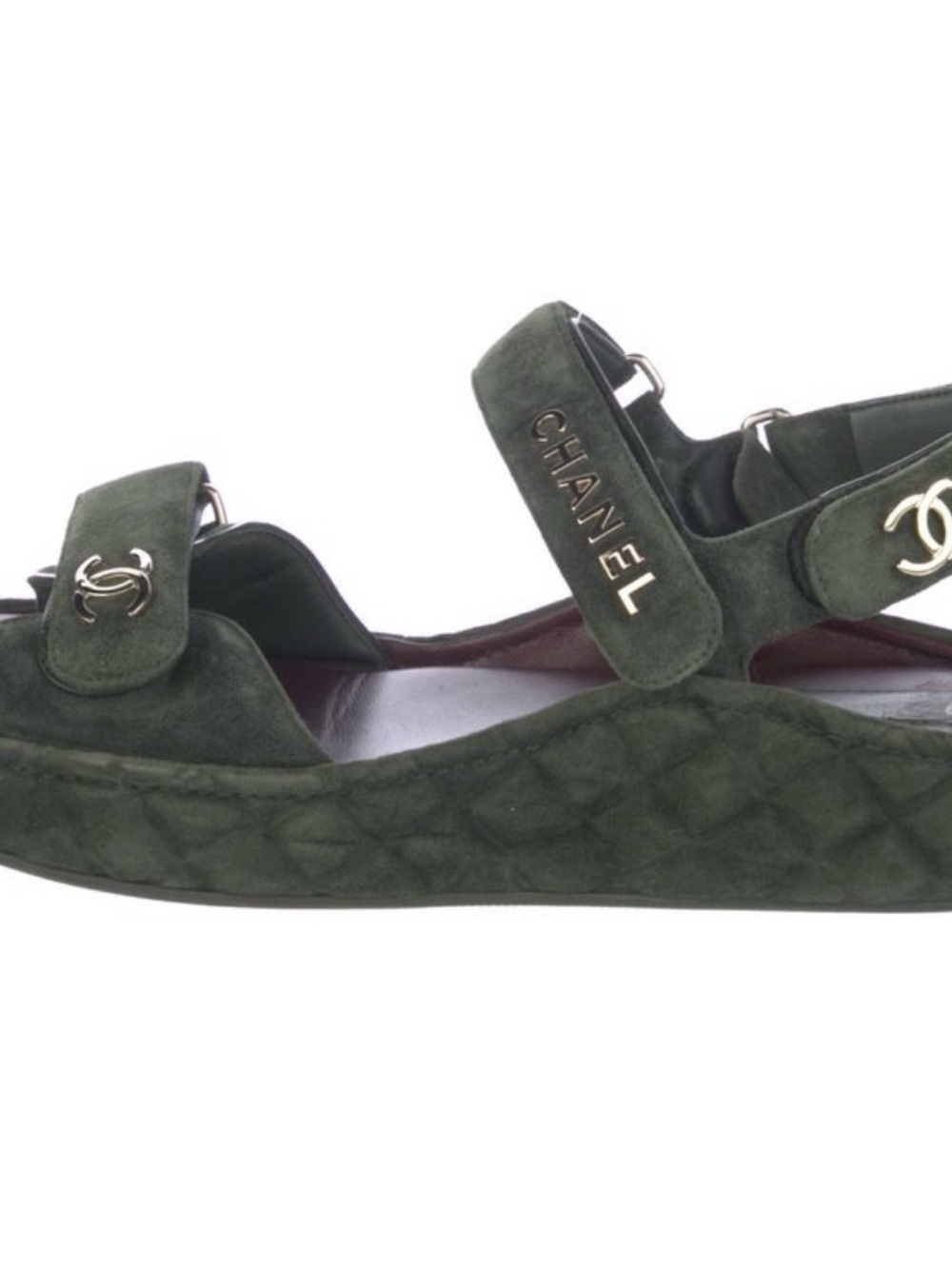 CHANEL Dark Green Dad Quilted Suede Platform Sandals with Gold Logos